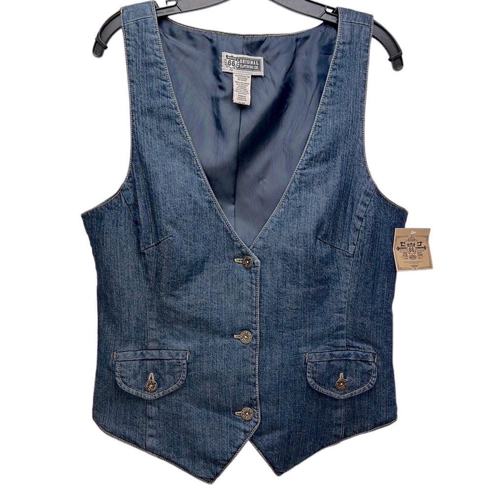 Vtg Route 66 Blue Denim Vest Button Front Lined XL Adjustable Fit